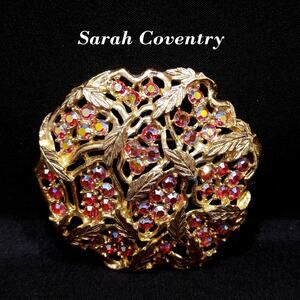 Sarah Coventry Red Rhinestone Brooch, Golden Leaves, Aurora Borealis, 1960s
